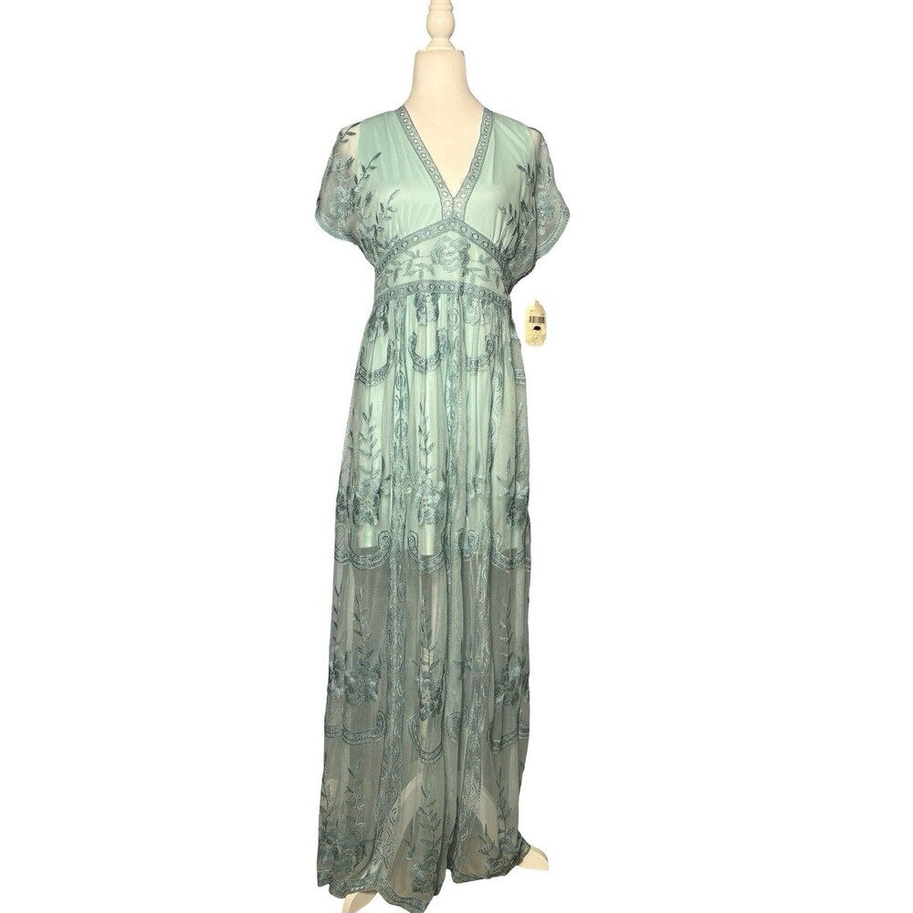 Altar’d State Mariska Maxi Dress M Sea Blue Embroidered Mesh Boho NWT - Picture 2 of 11